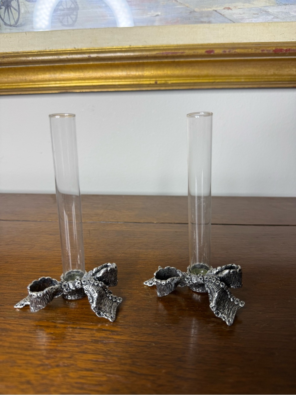Vintage Pewter Bud Vase Set of 2 Glass Test Tubes Floral Ribbon